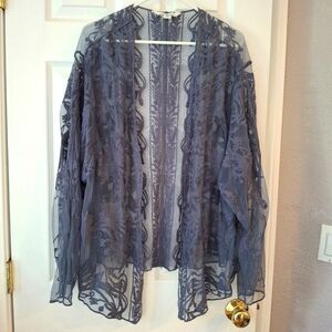 Sundance Freesia Bloom Sheer Embroidered Open Kimono Cardigan Dust Blue XL EUC